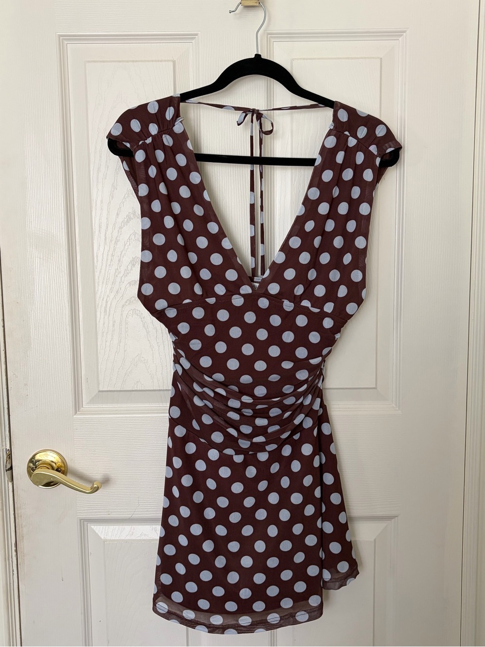 Polka Dot V-Neck Mini Dress in Brown and Light Blue